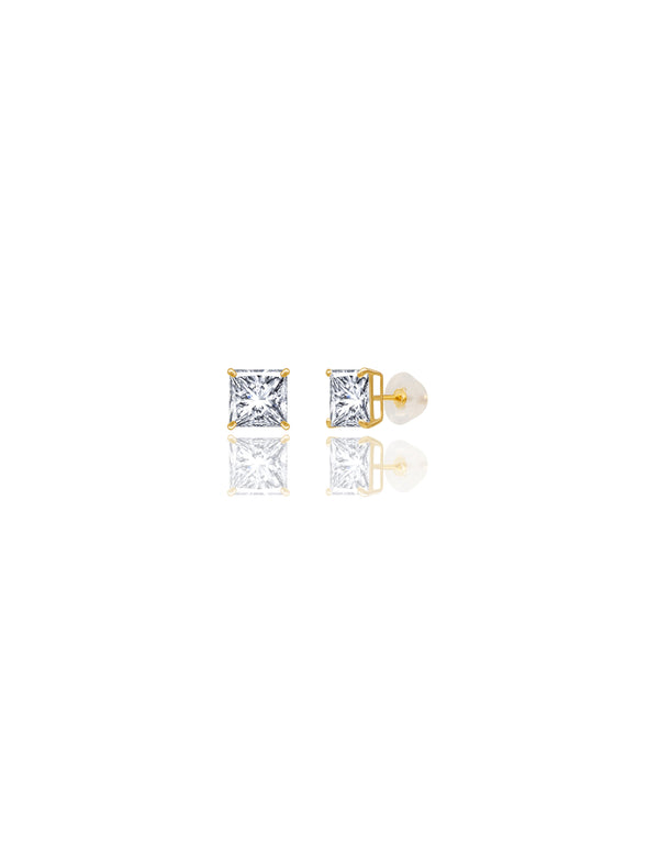 14K Solid Yellow Gold Princess-Cut CZ Stud Earrings – 3mm To 8mm Square Pushback