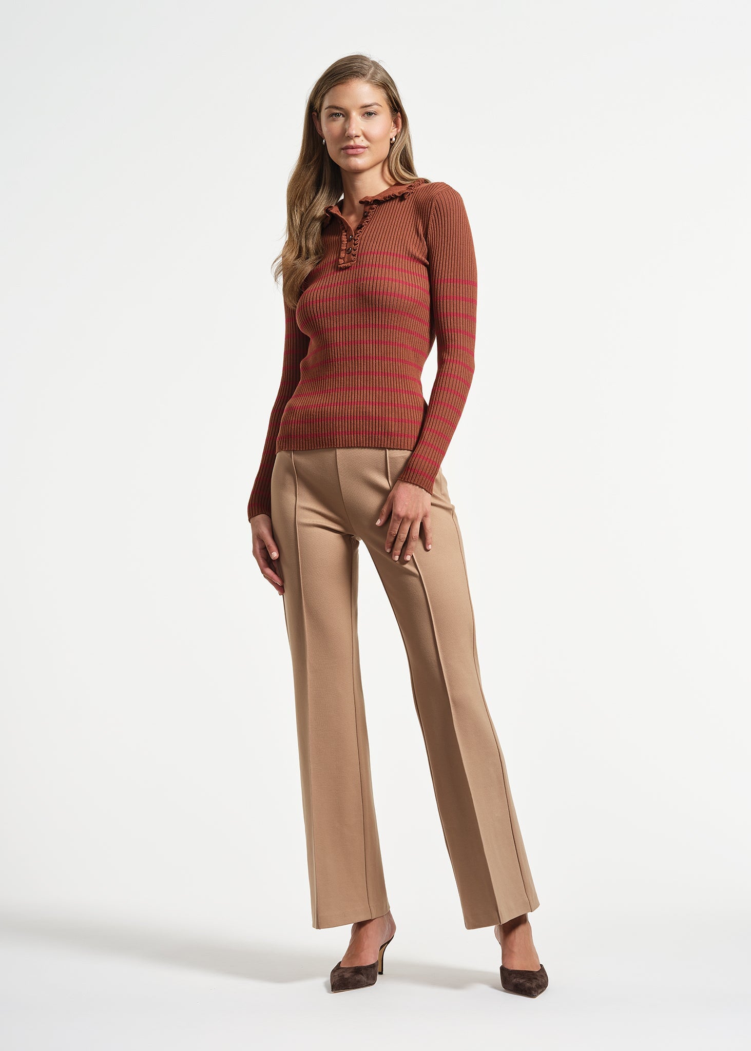Ruffle Neck Stripe Henley Sweater