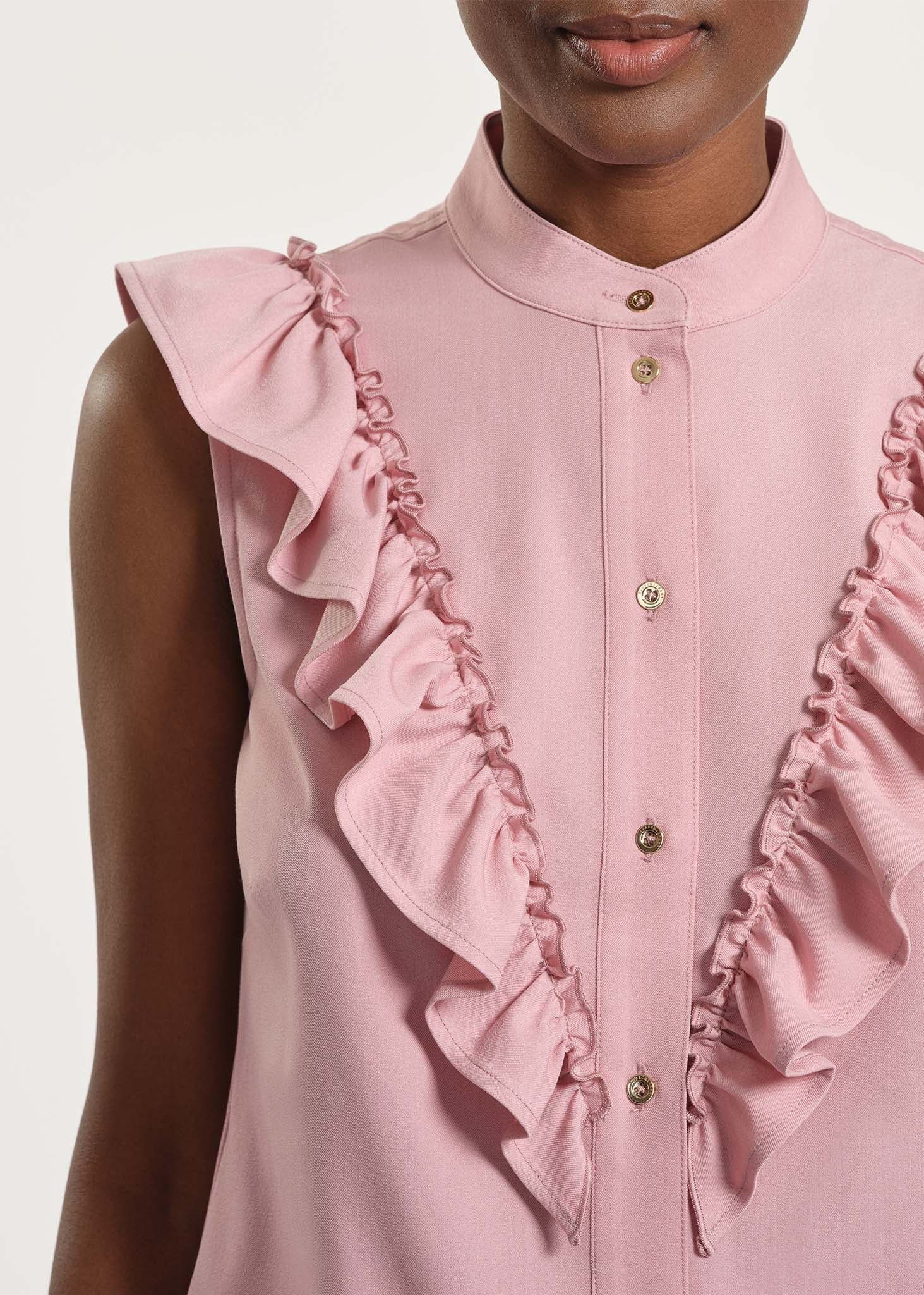 Tie Neck Ruffle Chambray Shirt