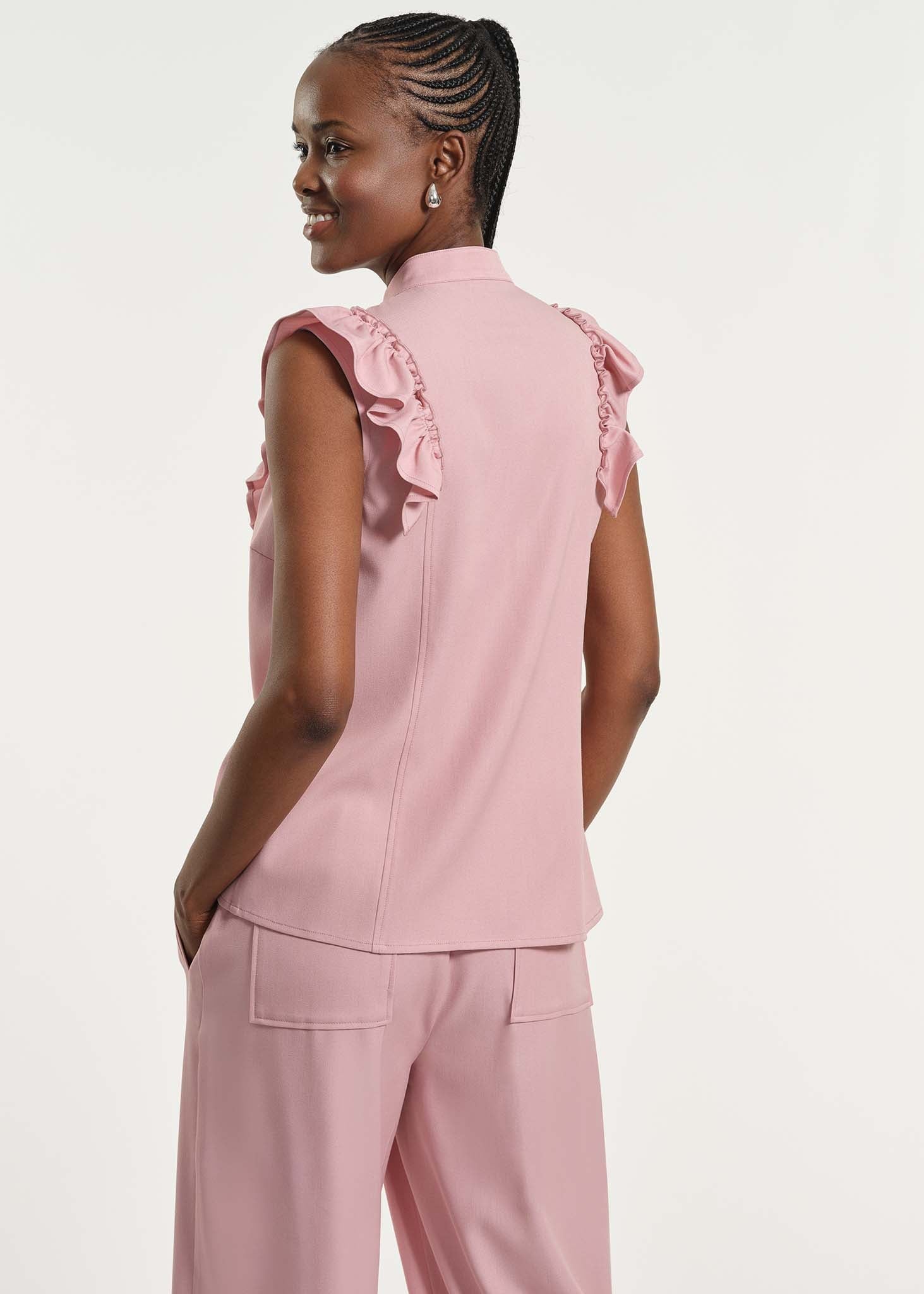 Tie Neck Ruffle Chambray Shirt