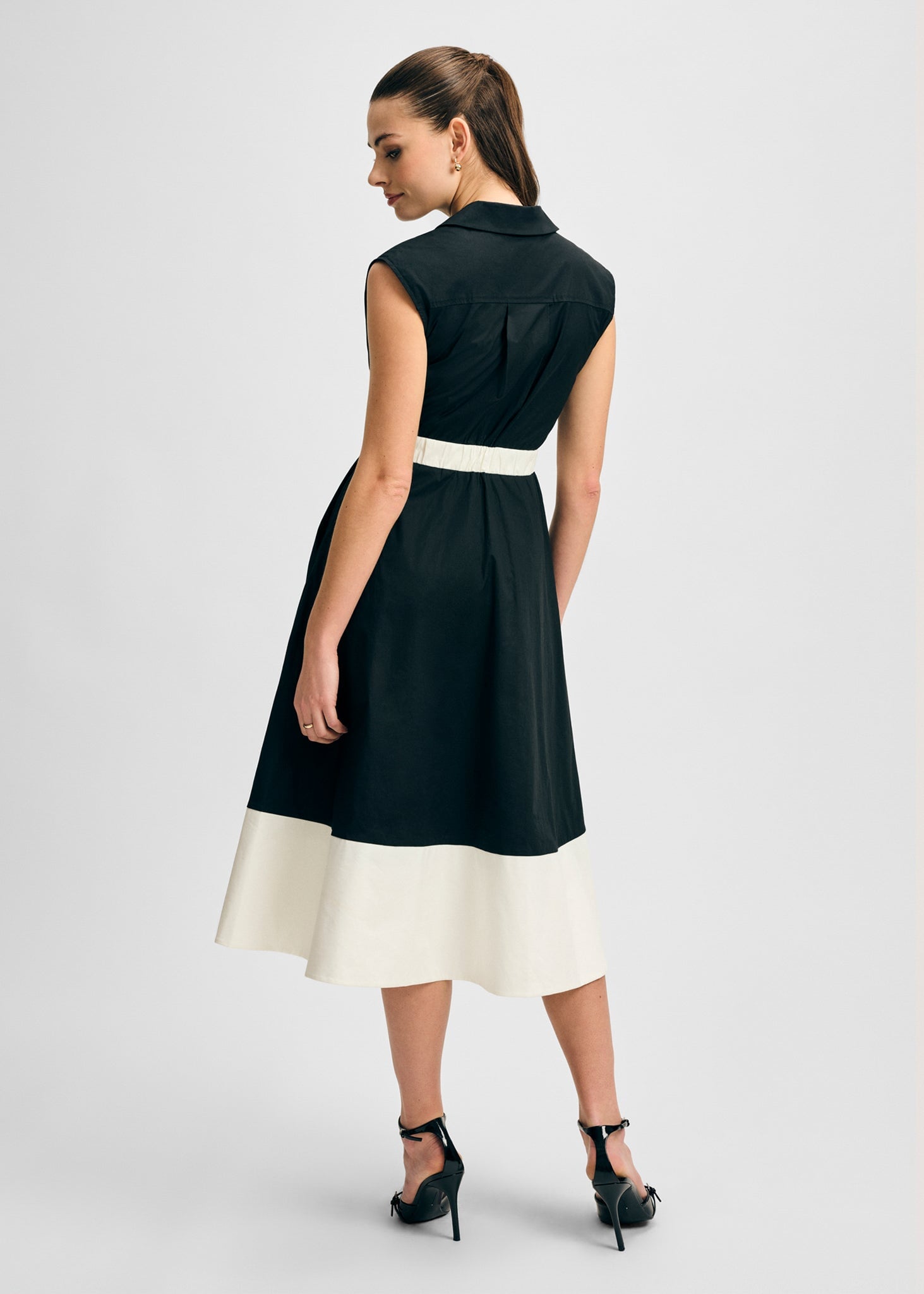 Notched Collar Full Skirt Midi Cotton Dress