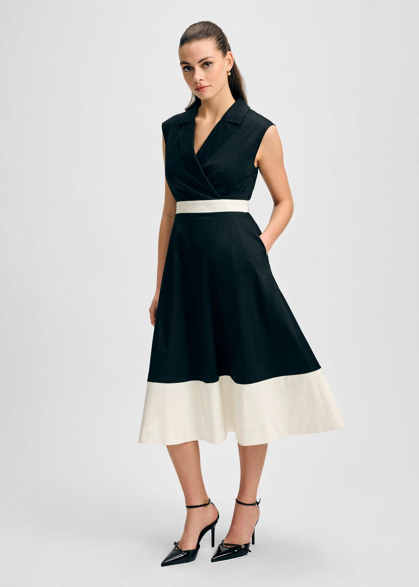 Notched Collar Full Skirt Midi Cotton Dress