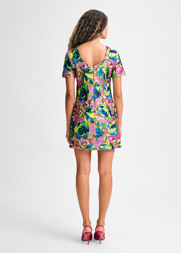 sinora - short-sleeve floral mini sheath dress Sinora - Short-Sleeve Scoop Neck Floral Mini Sheath Dress