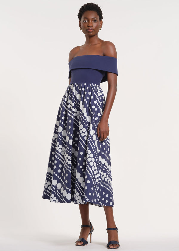 midi dress ayanahijab Isaac Mizrahi New York Women's Off the Shoulder Midi Dress - Blue