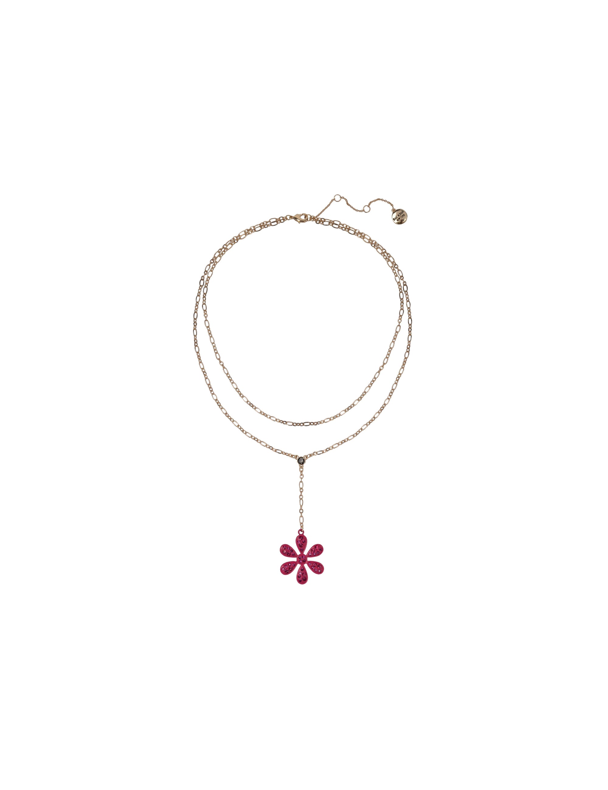 2 Row Gold Tone and Pink Flower Pendant Necklace