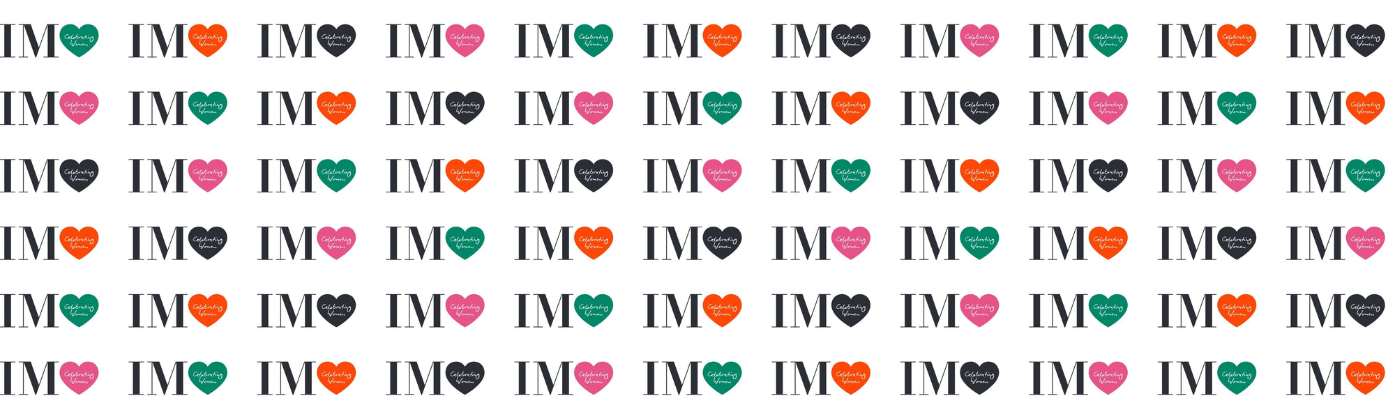 repeating Isaac Mizrahi Logo "IM" with colored hearts next to it with "celebrating women" inside