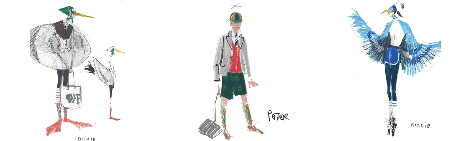 3 Isaac Mizrahi sketchs from the musical, Peter & The Wolf