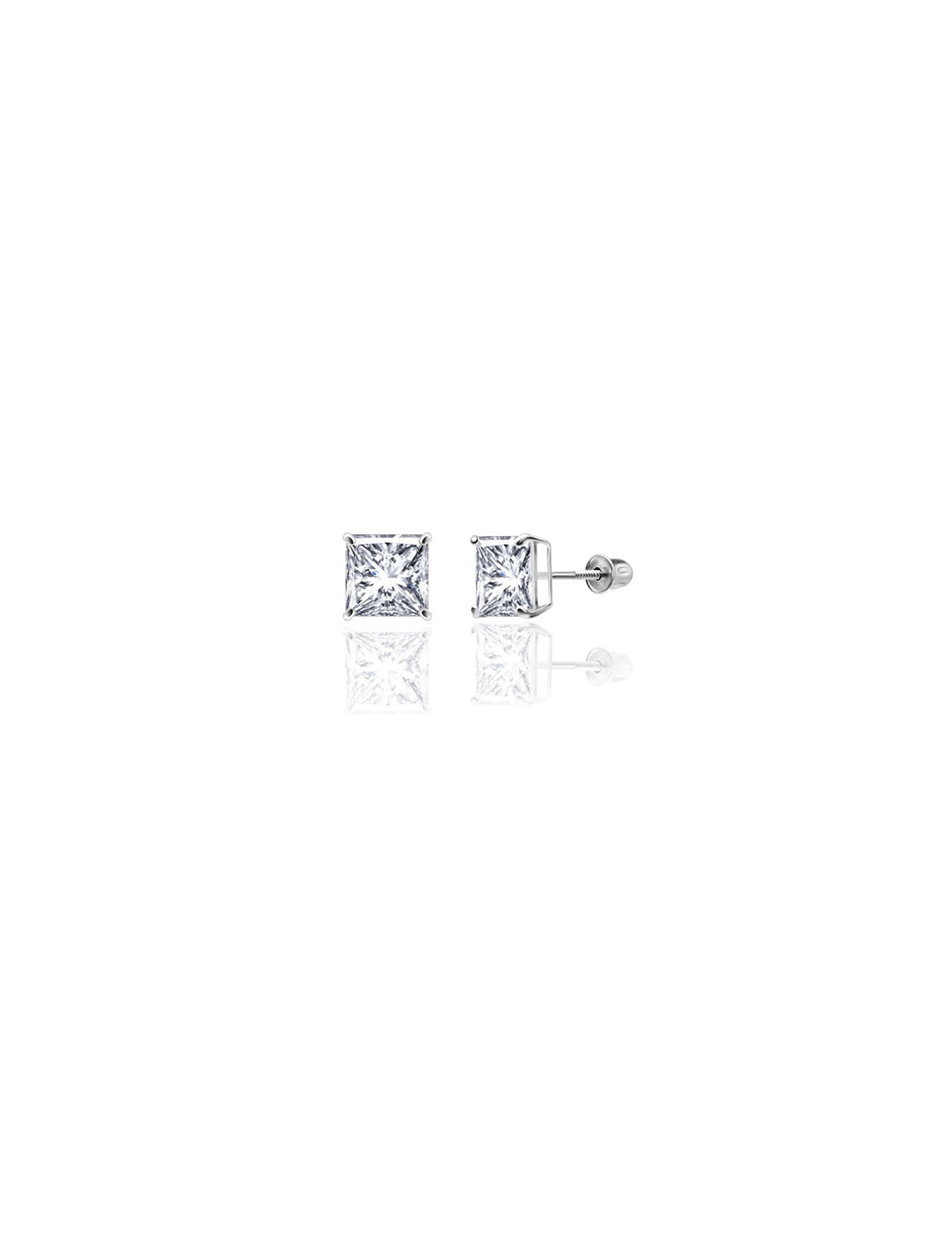 14K White Gold Square CZ Screwback Stud Earrings