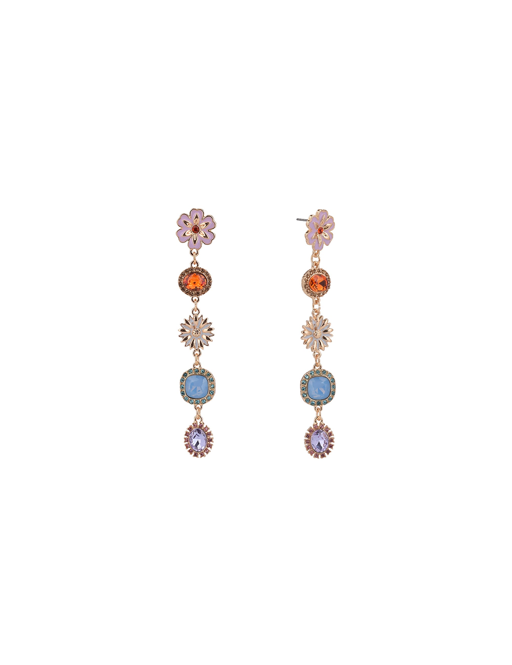 Multi Color Stone and Flower Linear Earrings