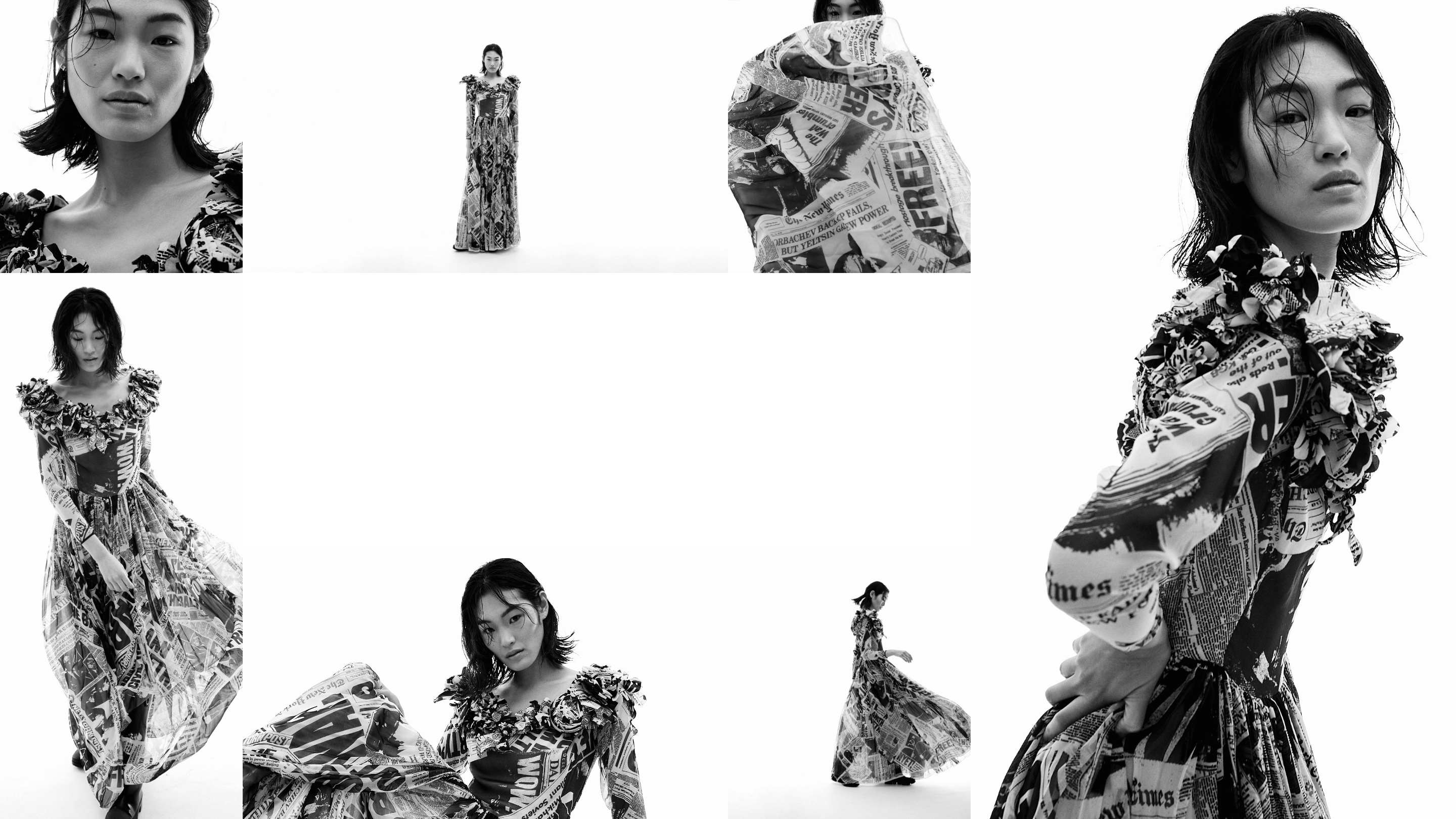 Black and white photos of model wearing Isaac Mizrahi clothes, with copy overlay saying 