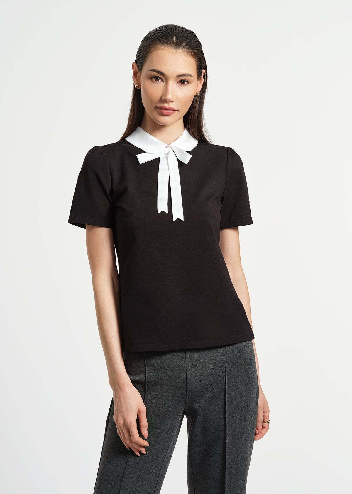 Satin Bow Neck Peter Pan Te