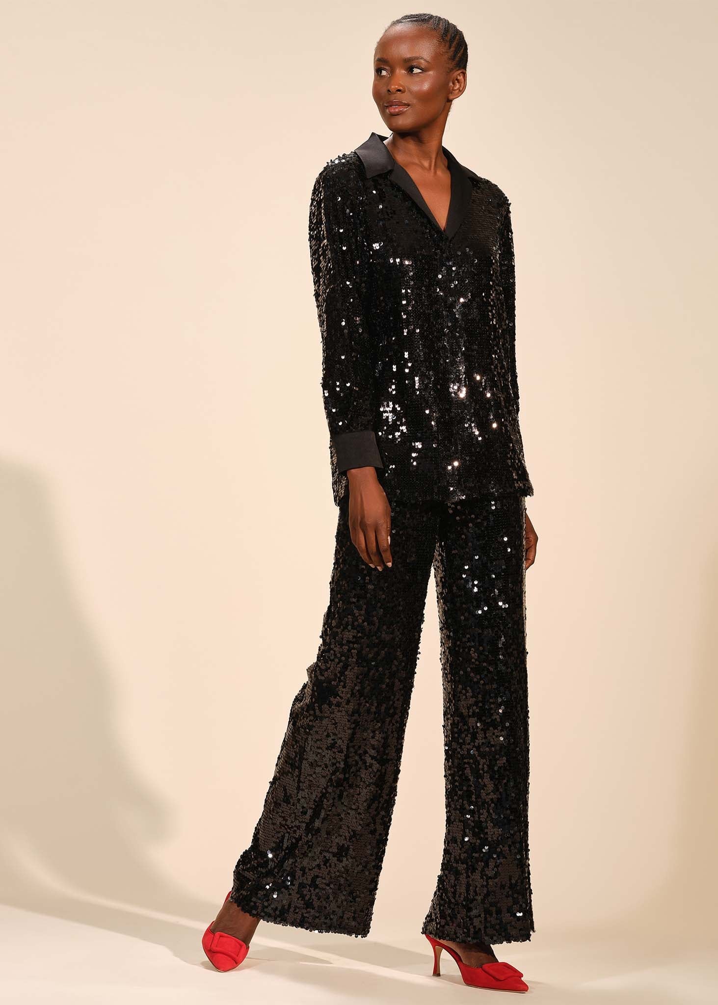 Sequin Button Down Notch Collar Blouse