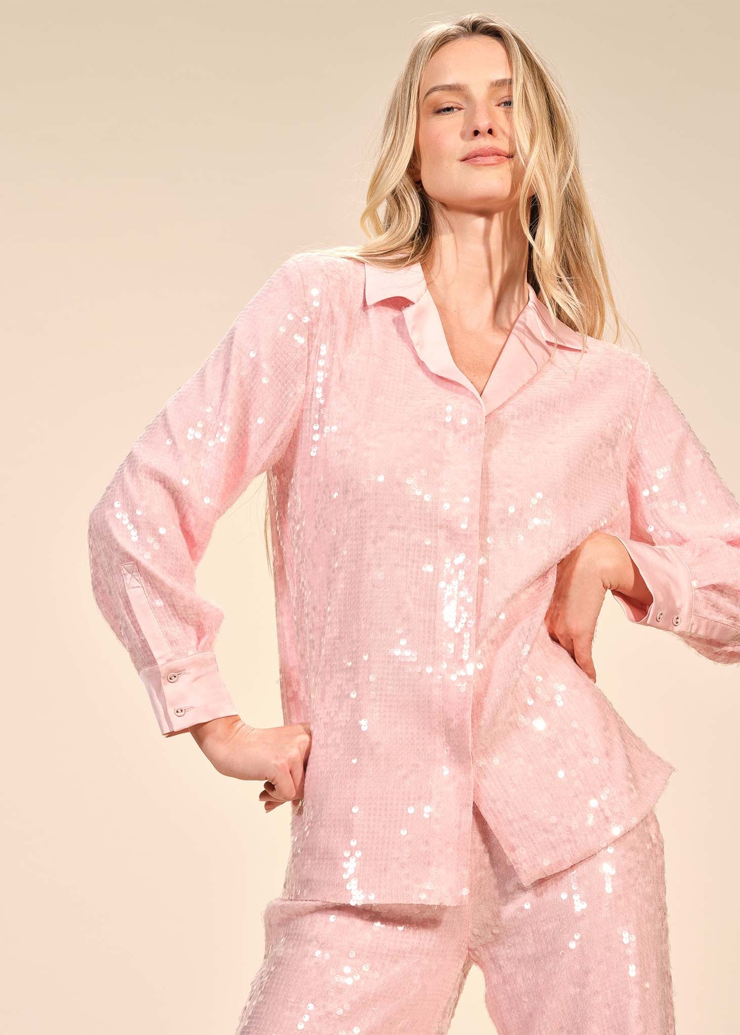 Sequin Button Down Notch Collar Blouse