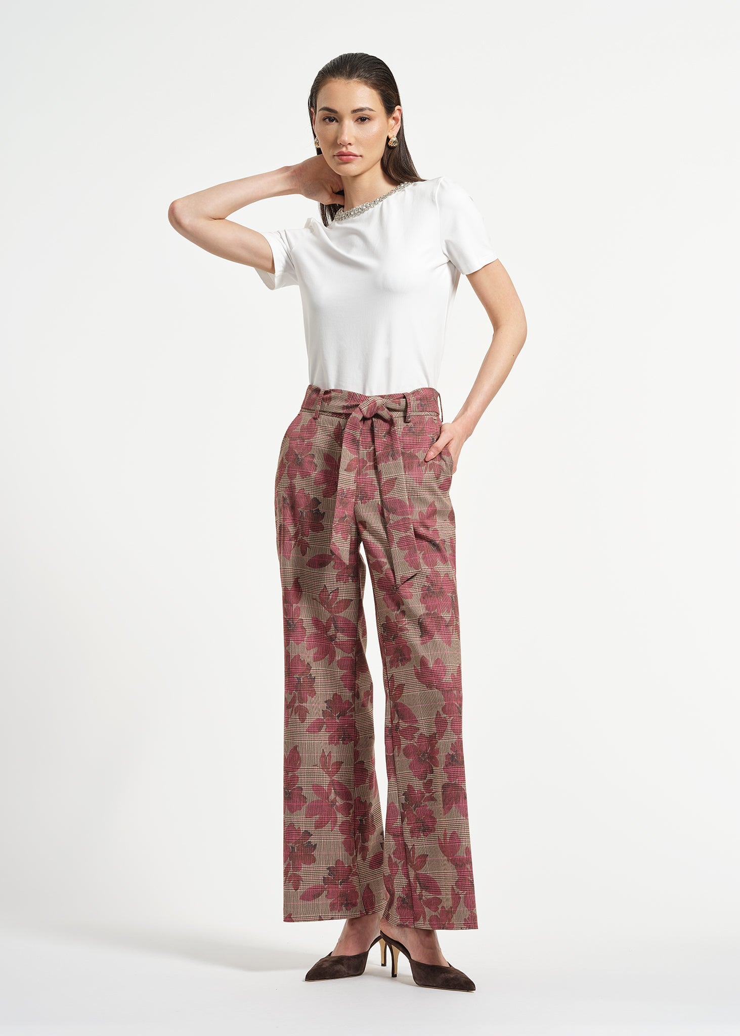 Wide Leg Belted Plaid Pant