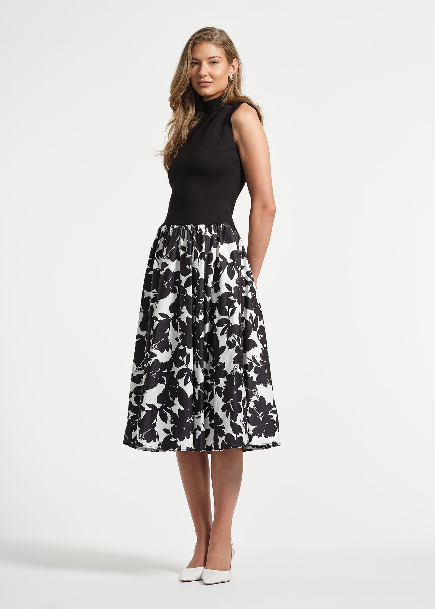 knee length dresses for ladies Sleeveless Ponte Combo Midi Dress