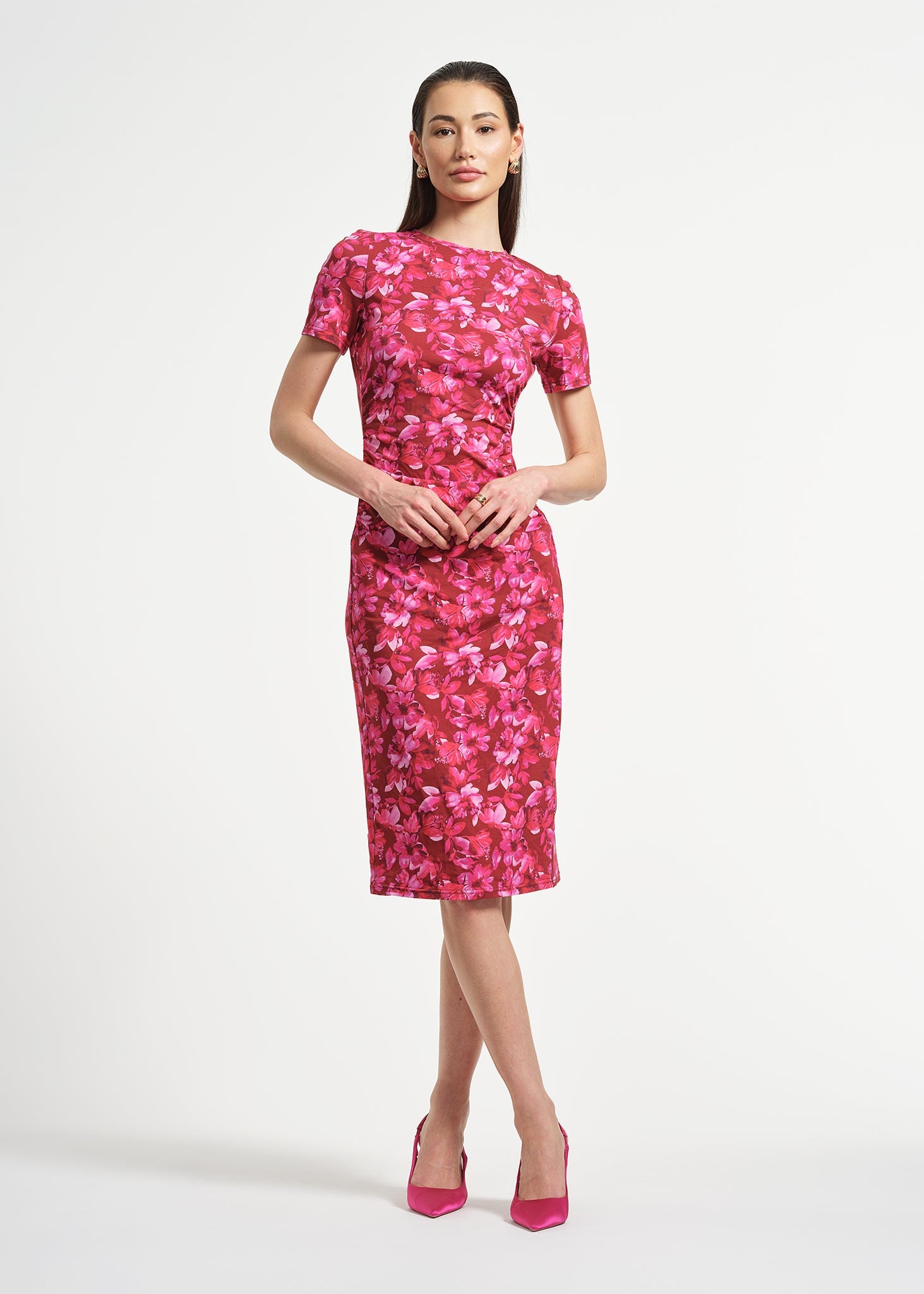 Ruched Waist Knit Midi Dress | Isaac Mizrahi Ruby Flora / XS Ruched Waist Knit Midi Dress | Isaac Mizrahi Ruby Flora / XS