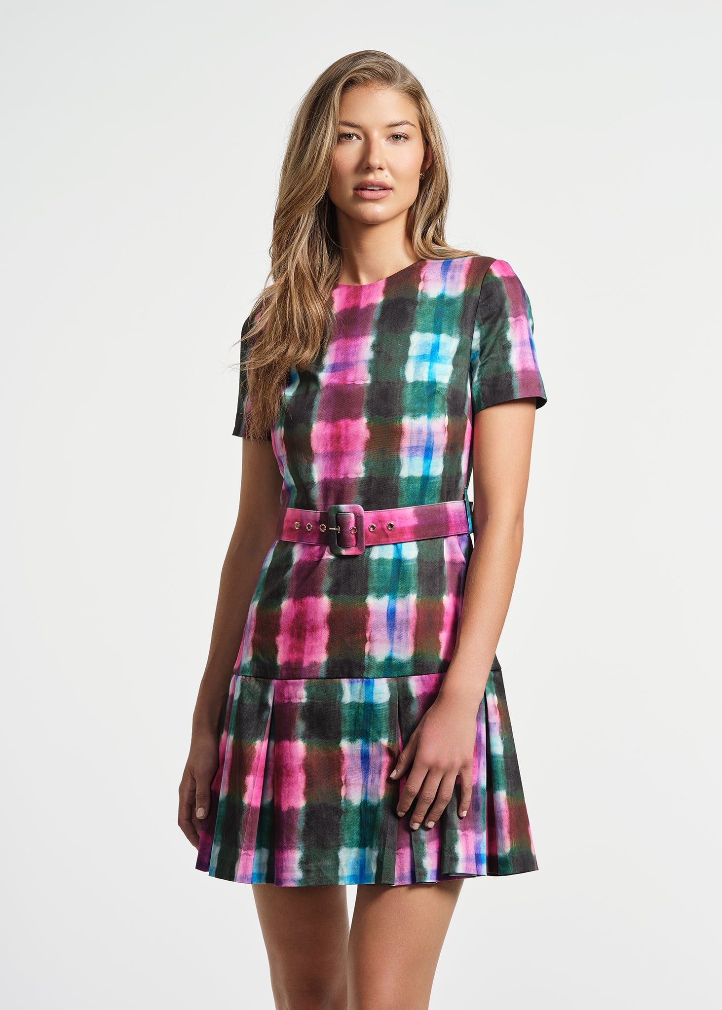 Belted Pleated Short Dress