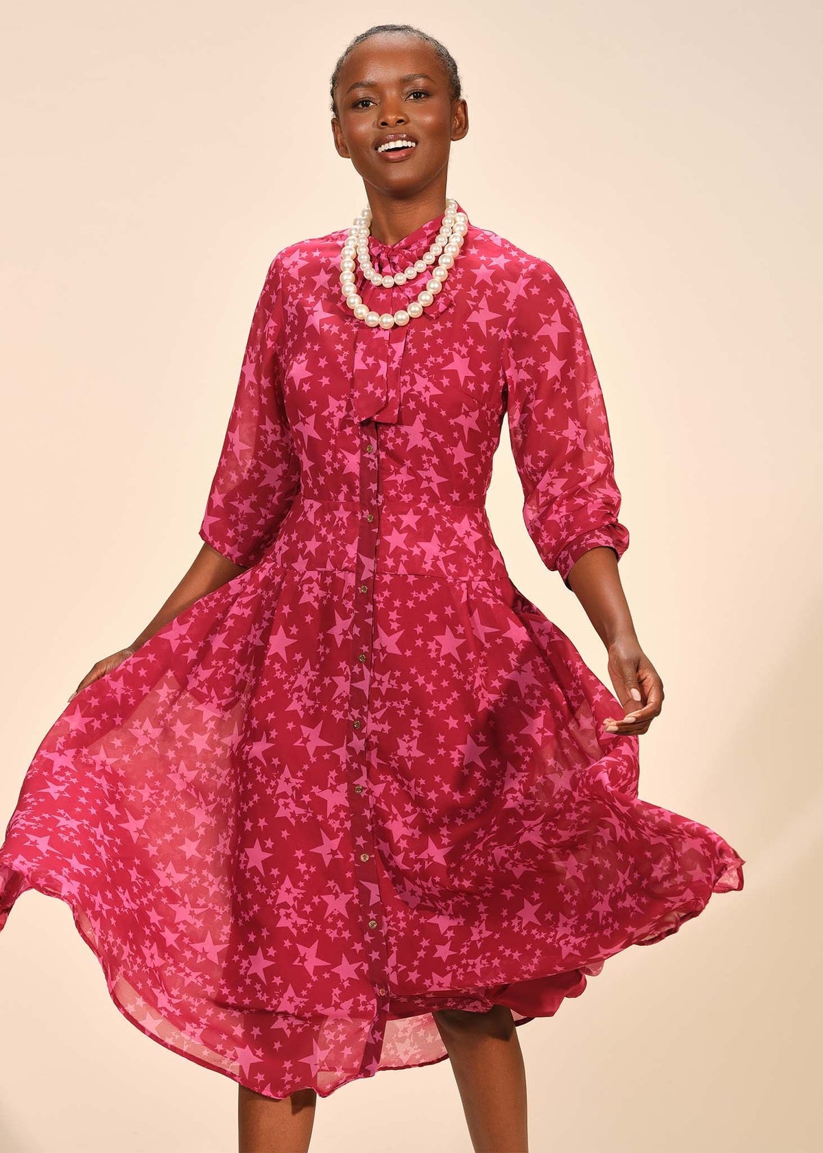 Tie Neck Pleated Midi Button Front Dress