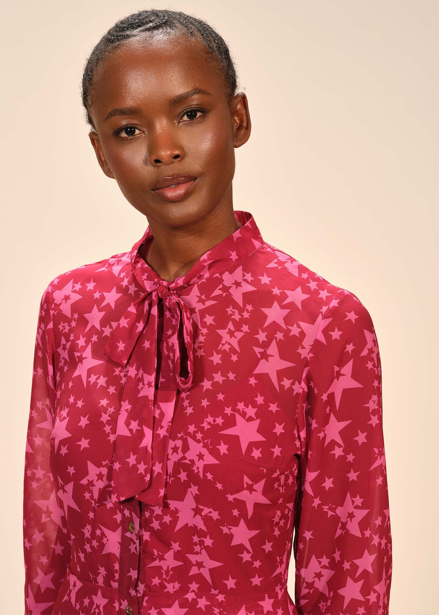 Tie Neck Pleated Midi Button Front Dress