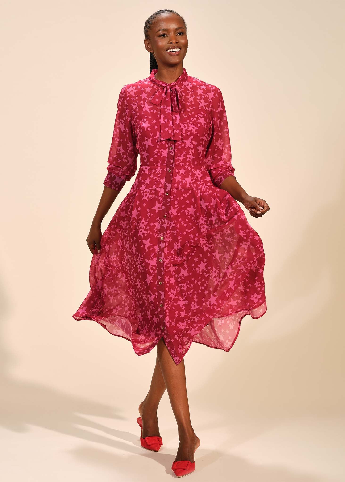 Tie Neck Pleated Midi Button Front Dress