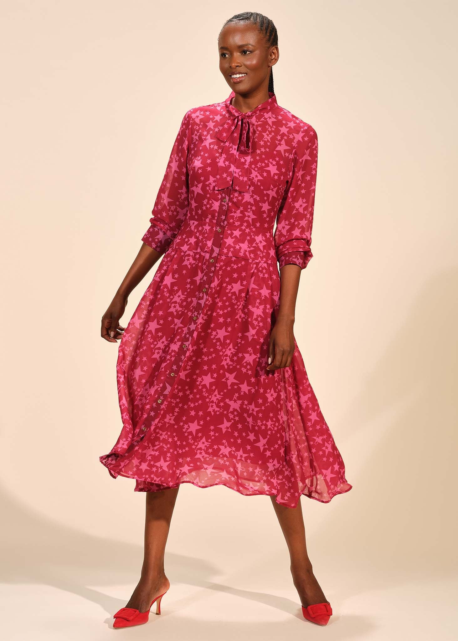 Tie Neck Pleated Midi Button Front Dress