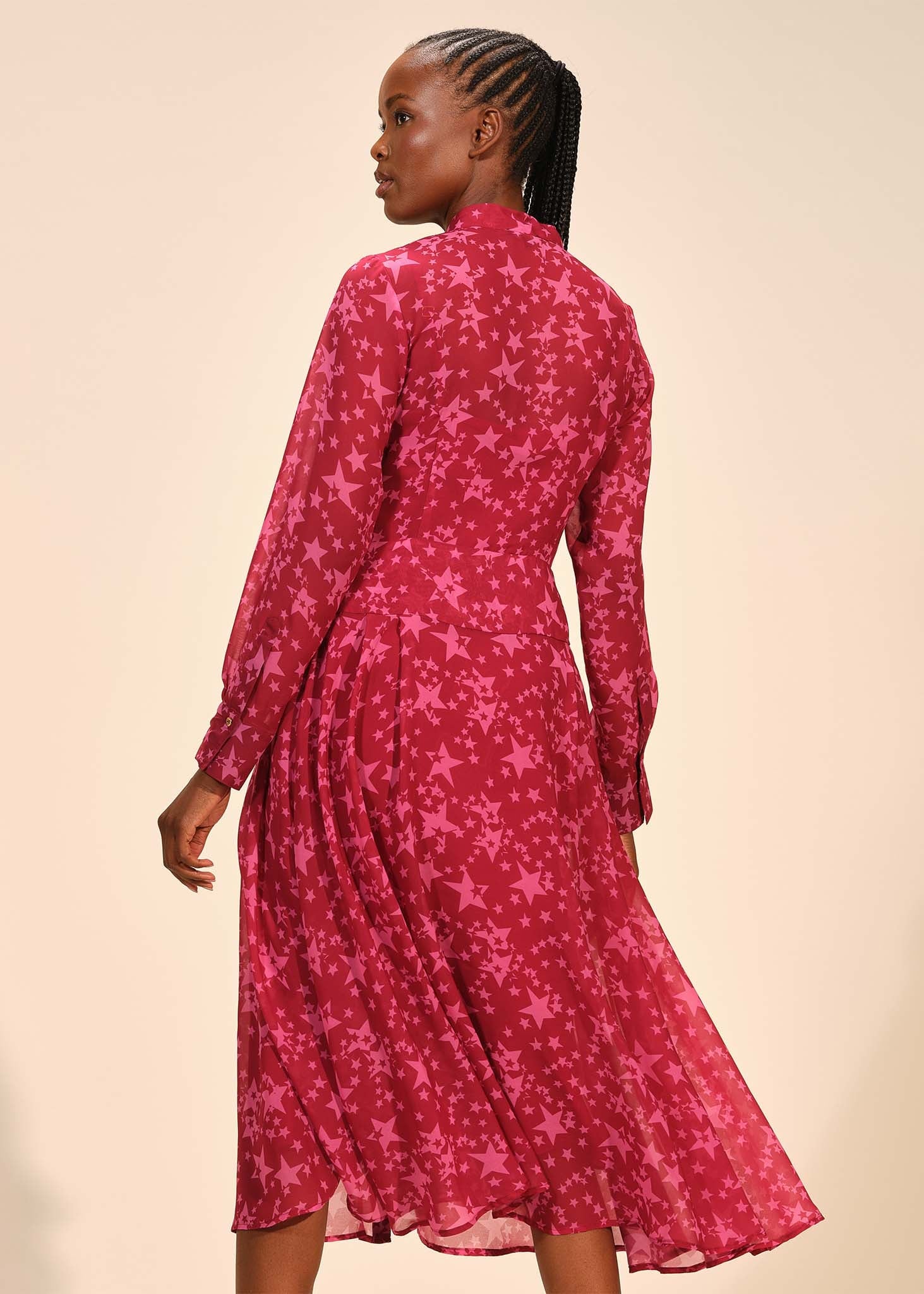 Tie Neck Pleated Midi Button Front Dress