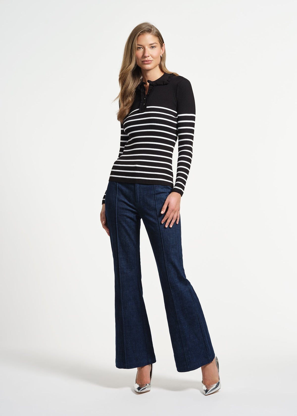 Ruffle Neck Stripe Henley Sweater