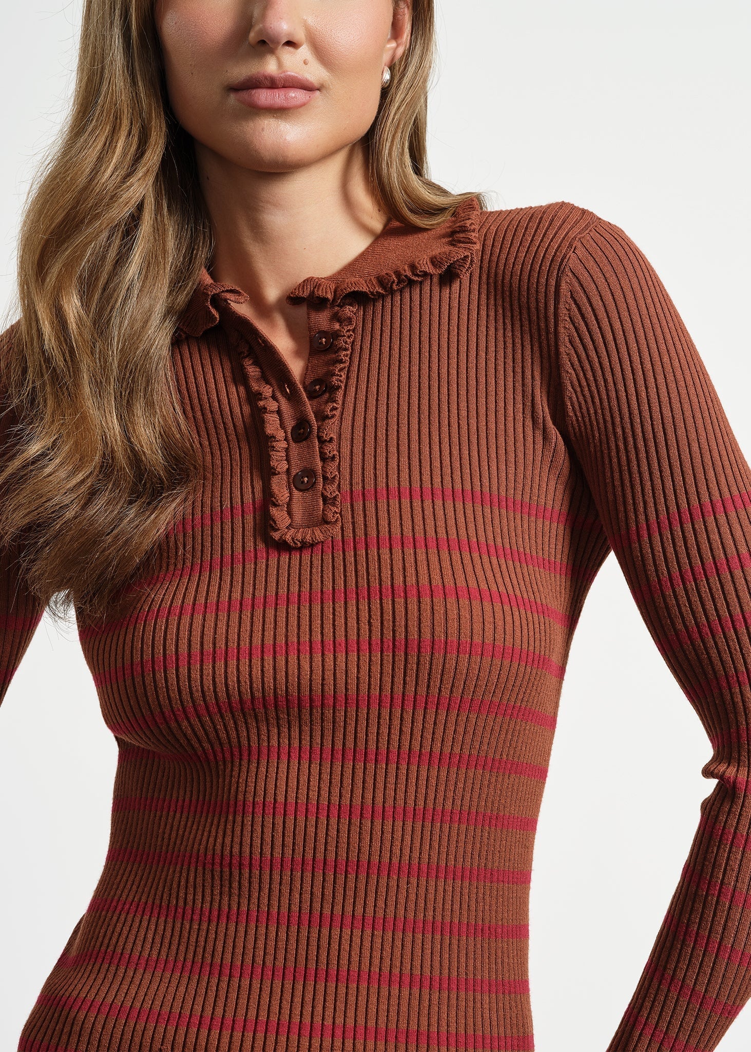 Ruffle Neck Stripe Henley Sweater