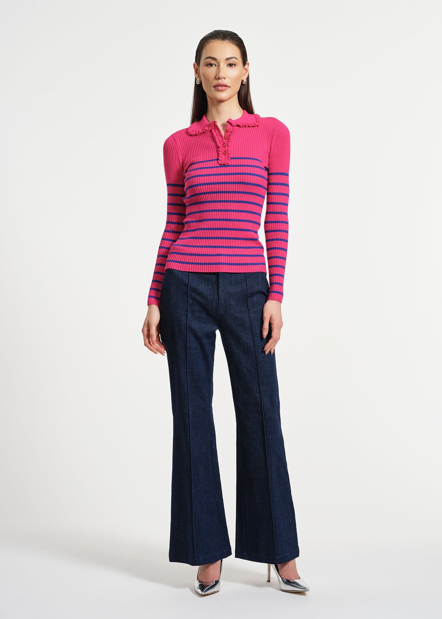 Ruffle Neck Stripe Henley Sweater