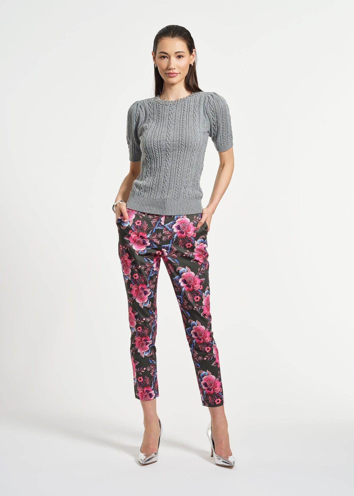 Jewel Neck Short Sleeve Cable Sweater