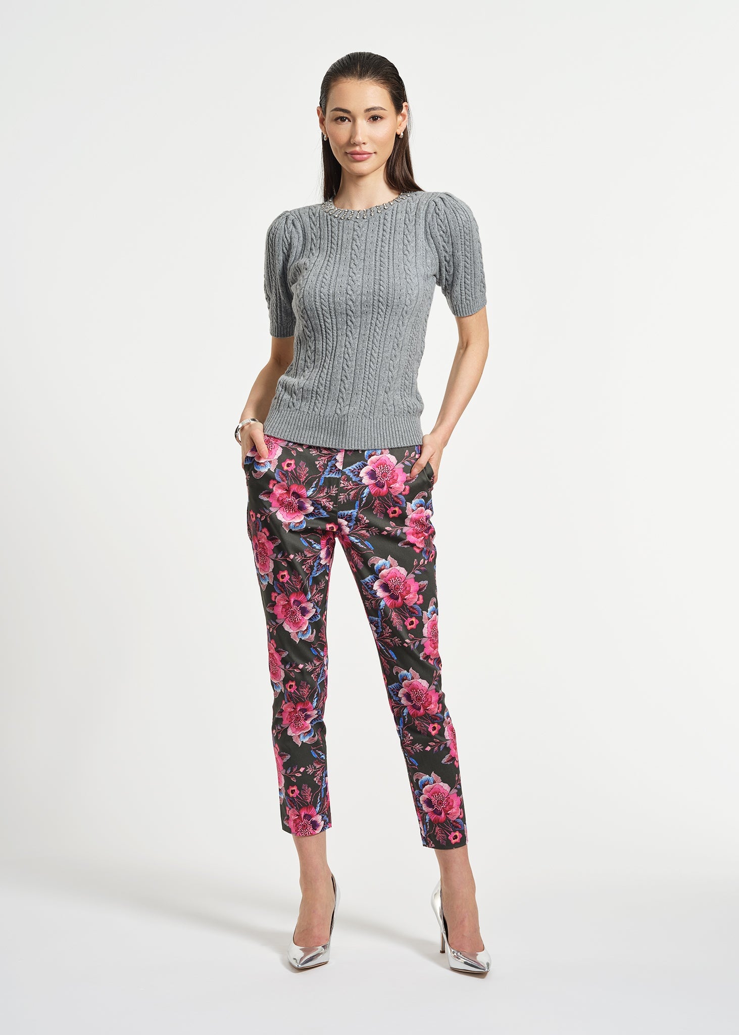Jewel Neck Short Sleeve Cable Sweater