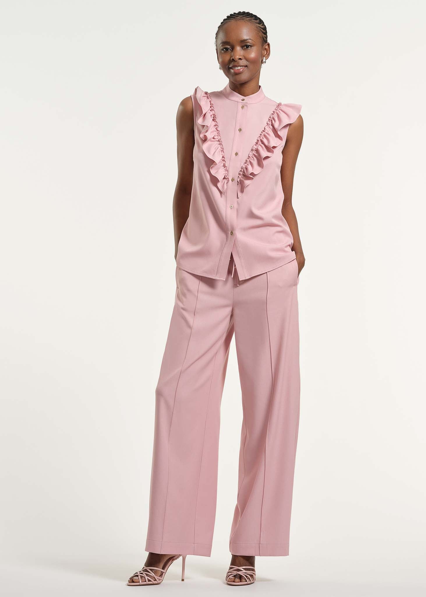 Tie Neck Ruffle Chambray Shirt