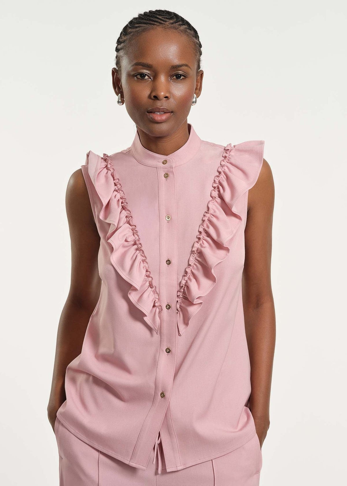 Tie Neck Ruffle Chambray Shirt