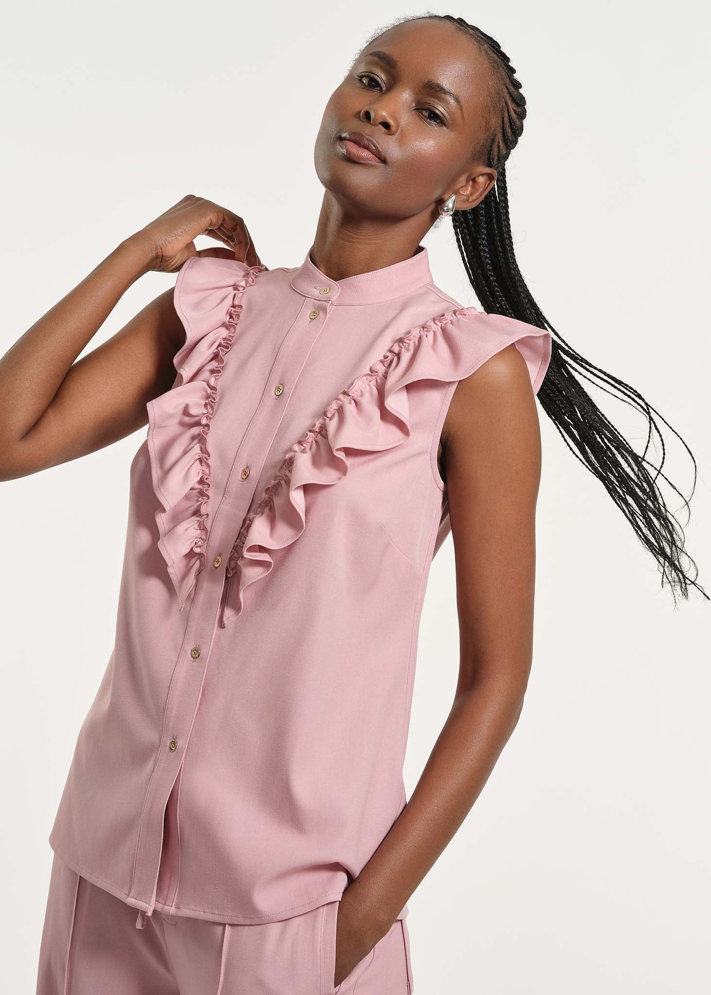 Tie Neck Ruffle Chambray Shirt