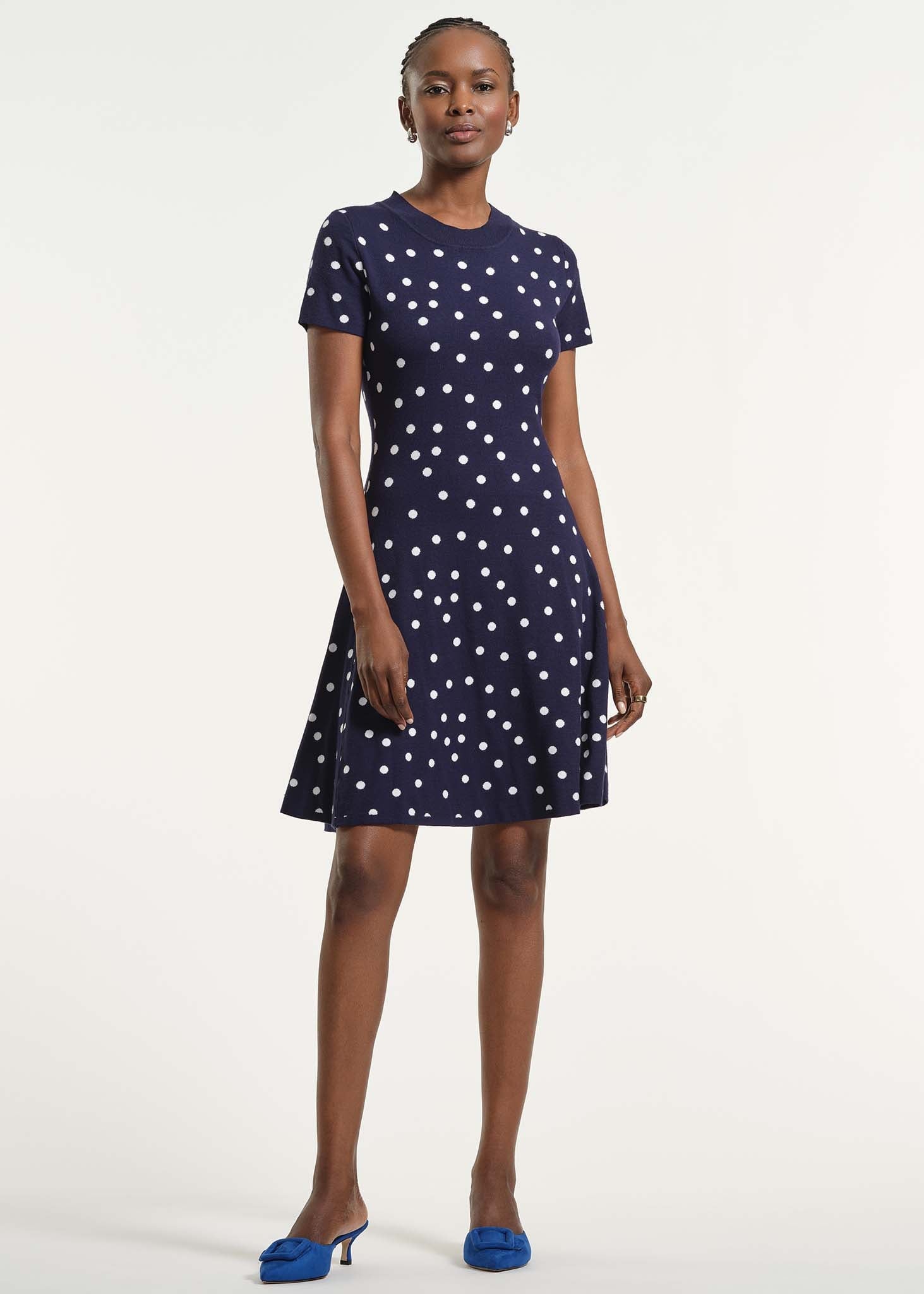 polka dot midi dress short sleeve Isaac Mizrahi New York Women's Fit & Flare Sweater - Blue MostLoved Full button Women's Navy blue Pleated Size:US 14 W
