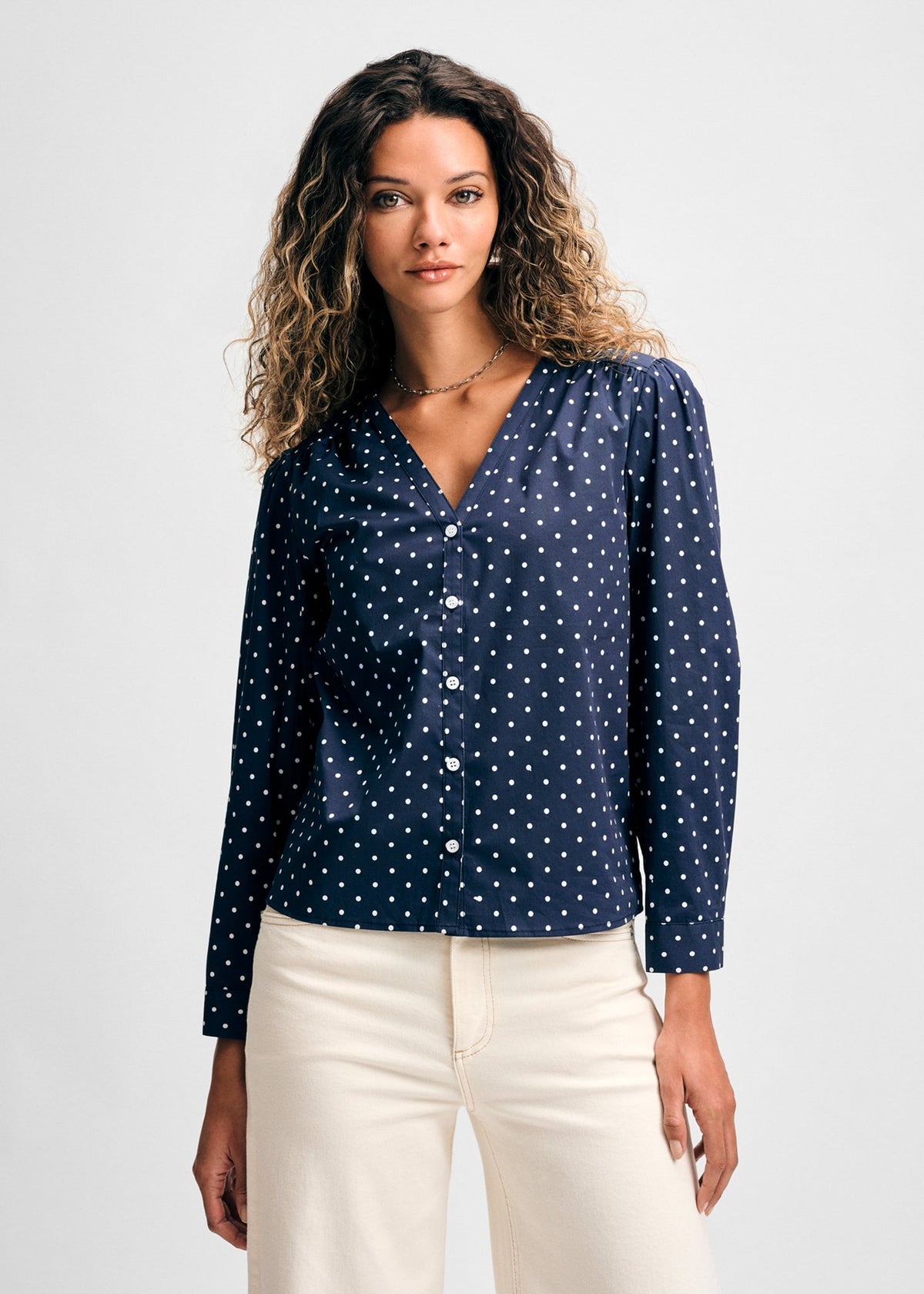Long Sleeve V Neck Button Down Blouse