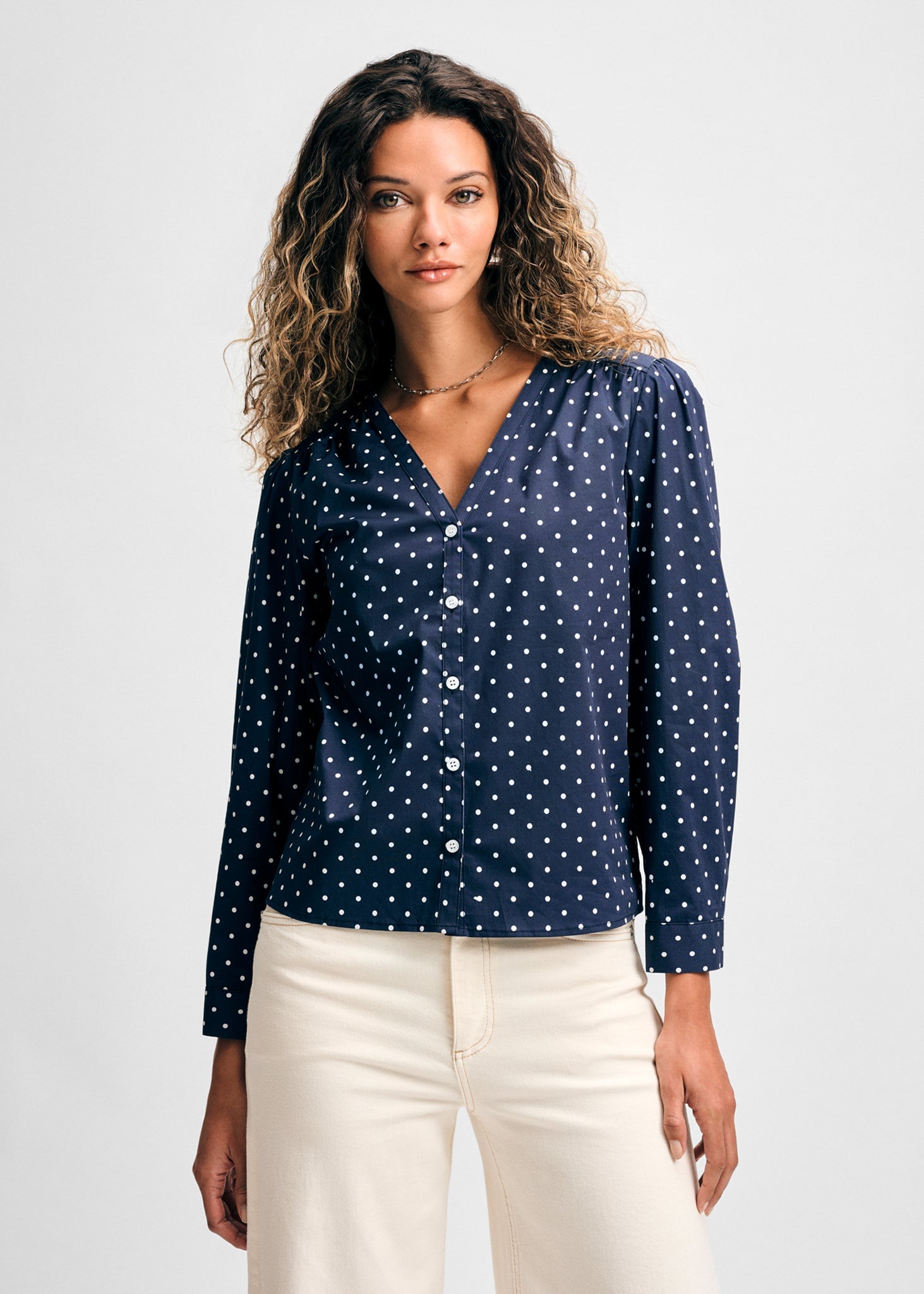 Long Sleeve V Neck Button Down Blouse