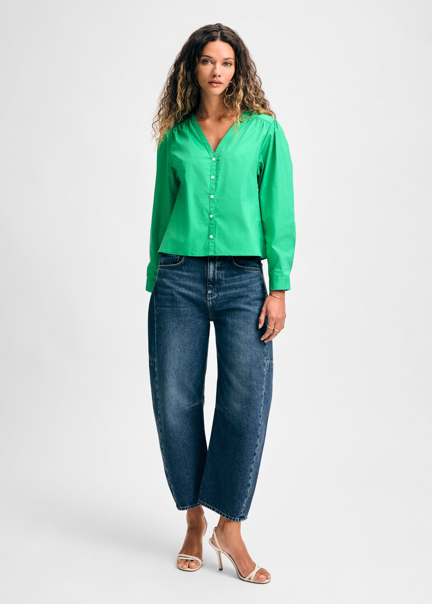 Long Sleeve V Neck Button Down Blouse