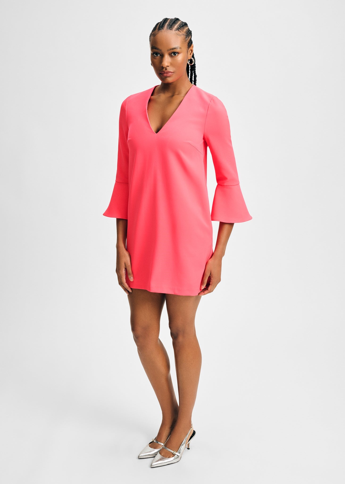 V Neck Dress with Flare Hem Sleeve