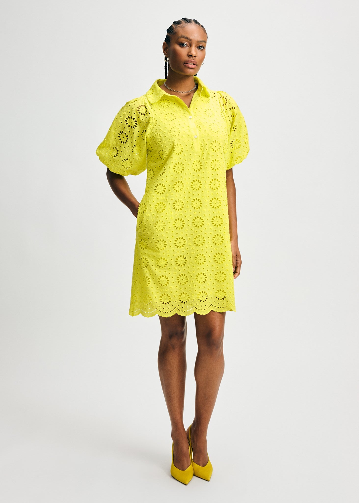Eyelet Short Puff Sleeve Shirt Dress