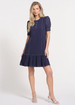 Isaac Mizrahi New York Women's Top Stitch Detail Drop Waist Stretch Cotton Dress - Blue