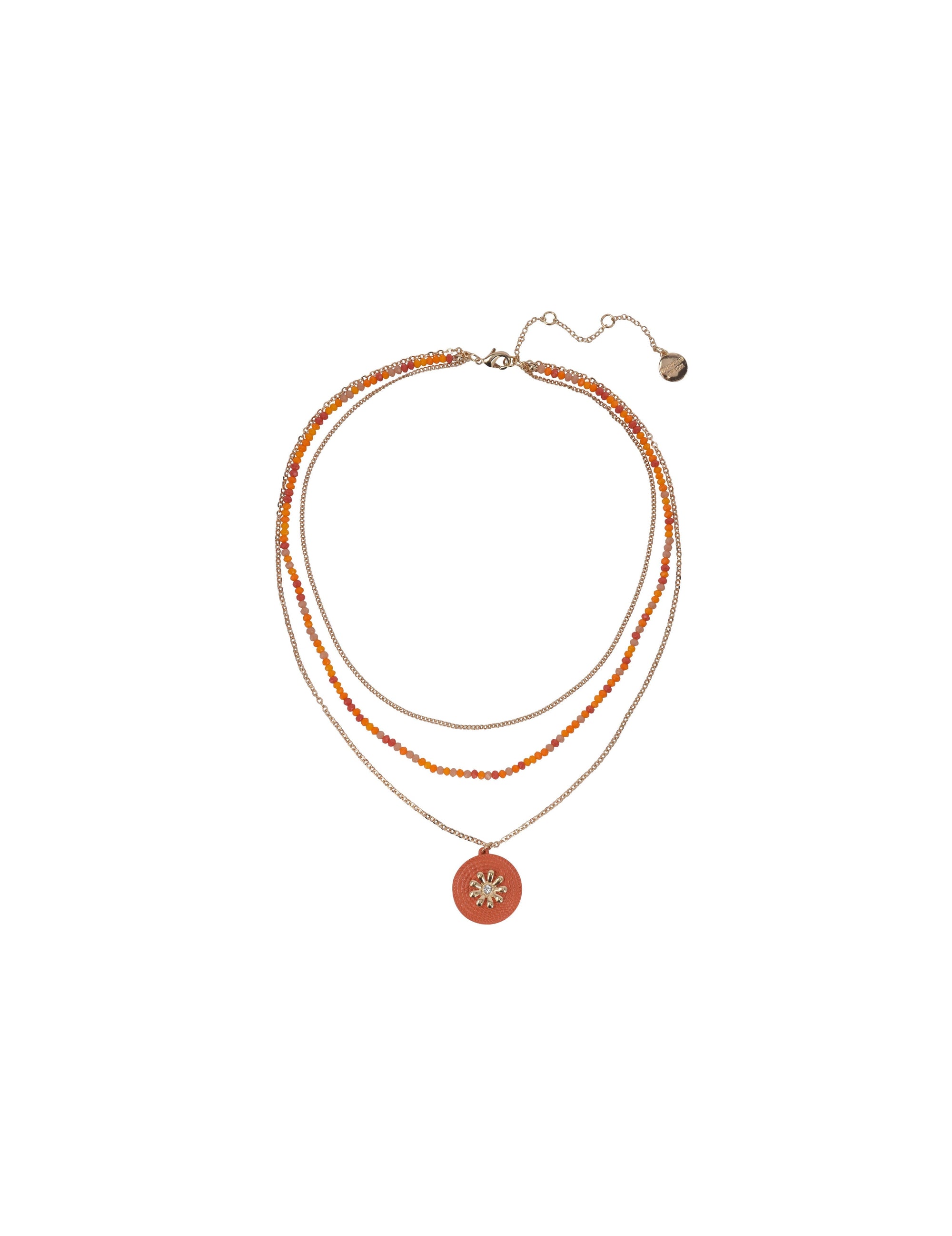 Gold Tone and Orange Bead 3 Row Pendant Necklace