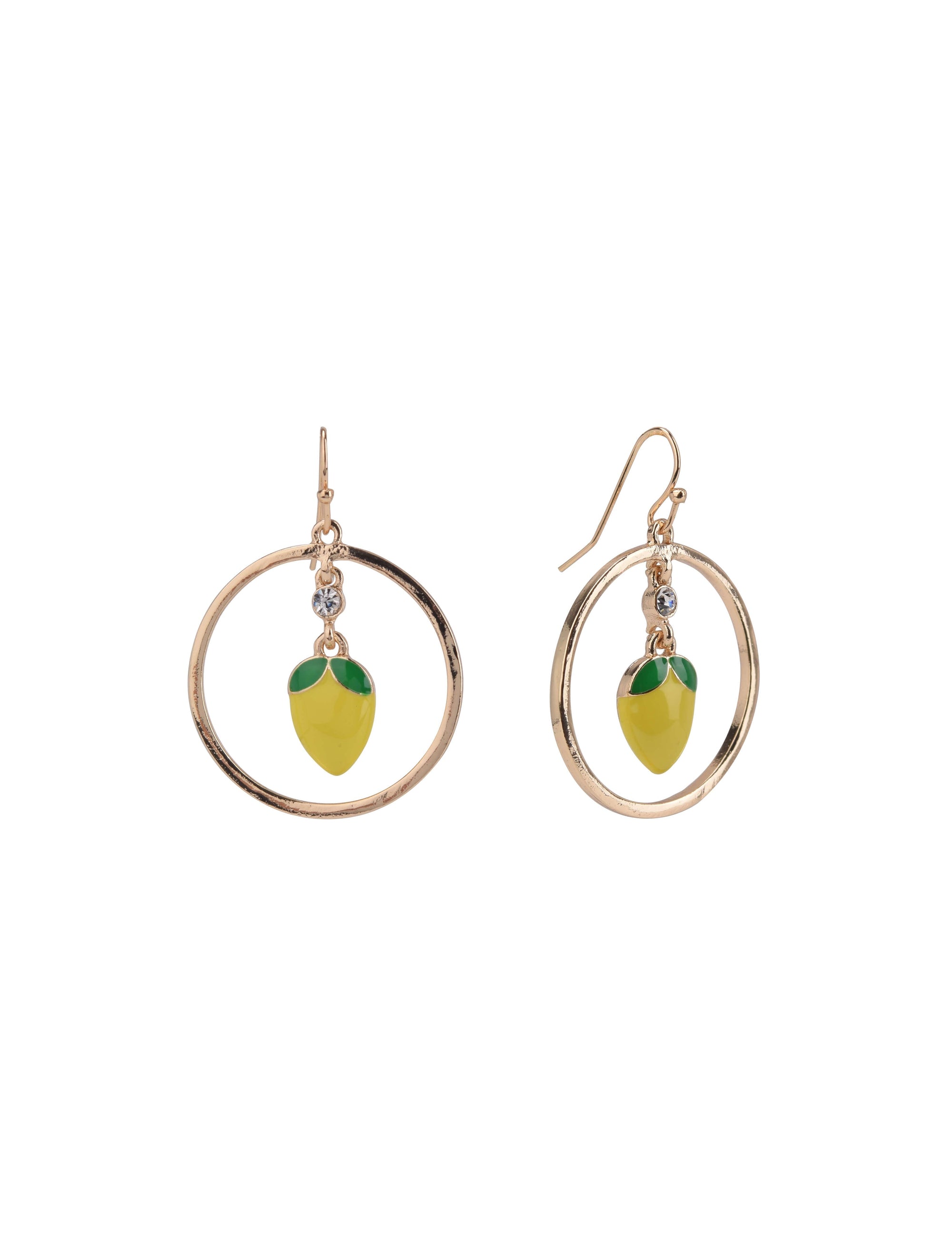 Gold Tone Ring Earrings with Lemon Center