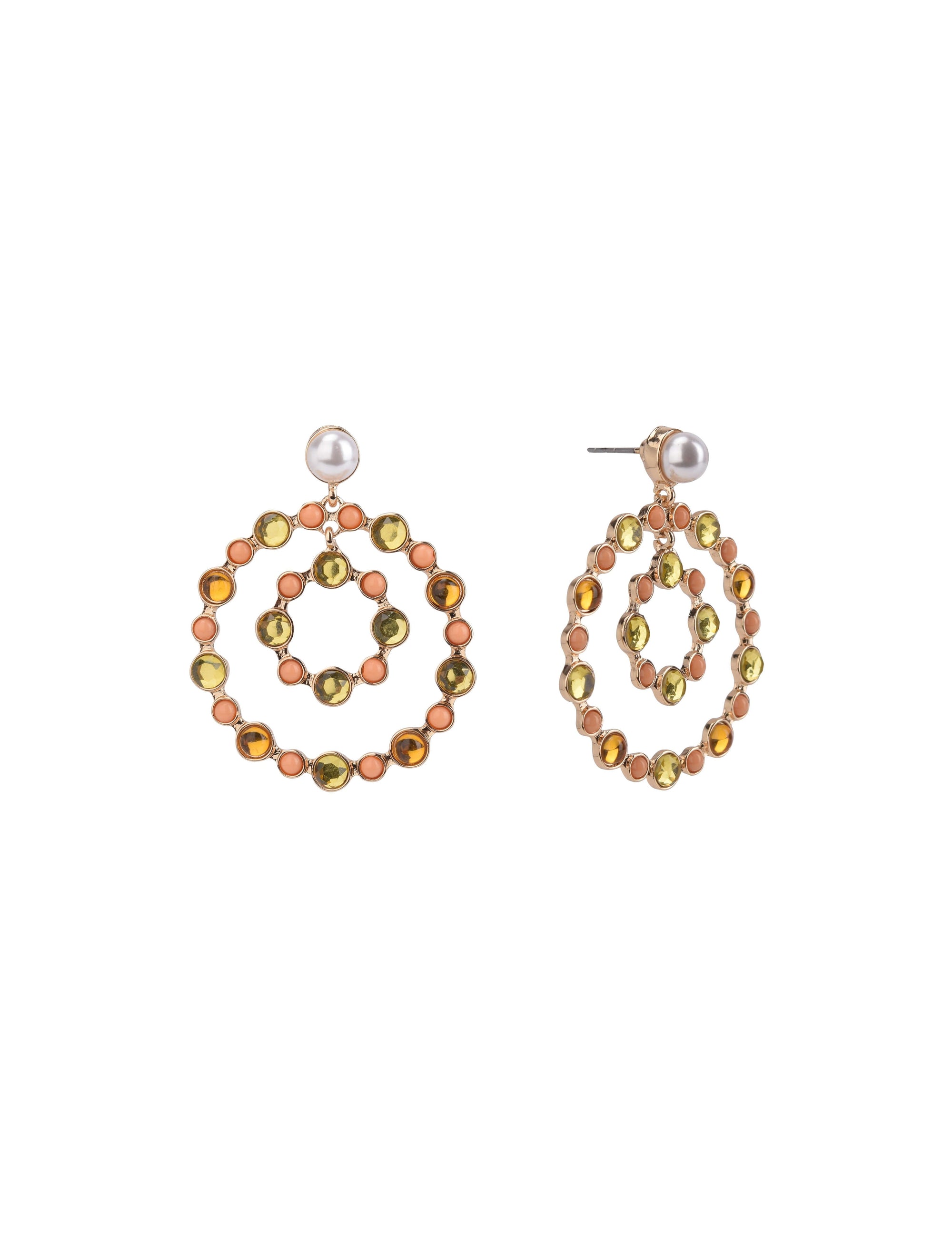 Gold Tone and Multi Stone Ring Drop Earrings