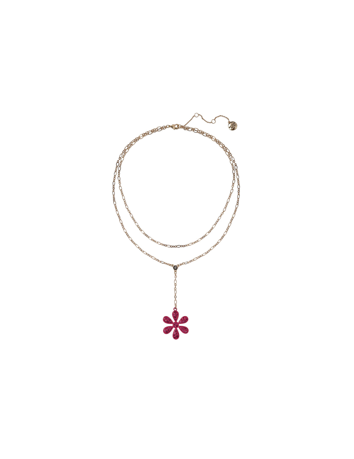 2 Row Gold Tone and Pink Flower Pendant Necklace