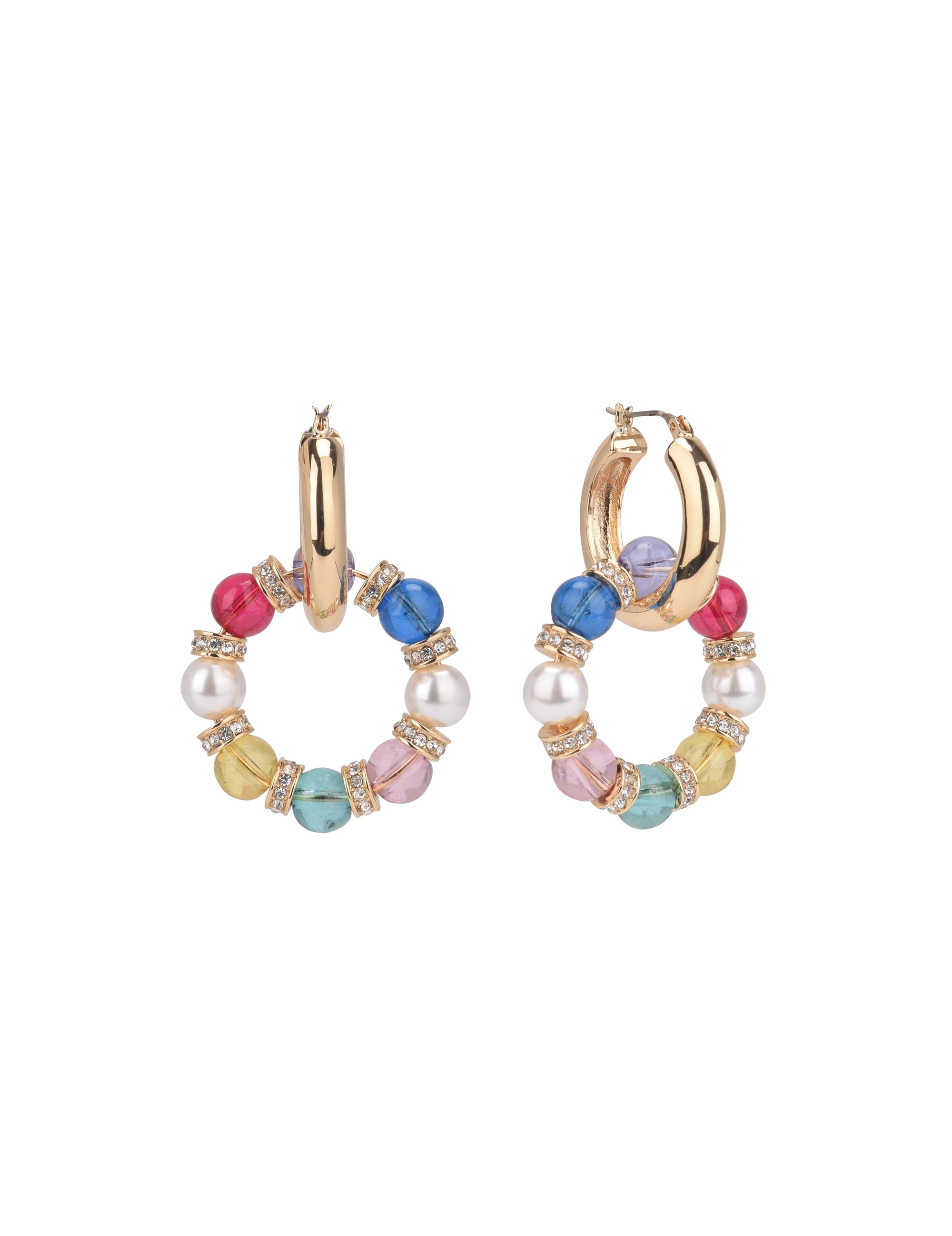Gold Tone Hoop and Multi Colored Bead Earrings