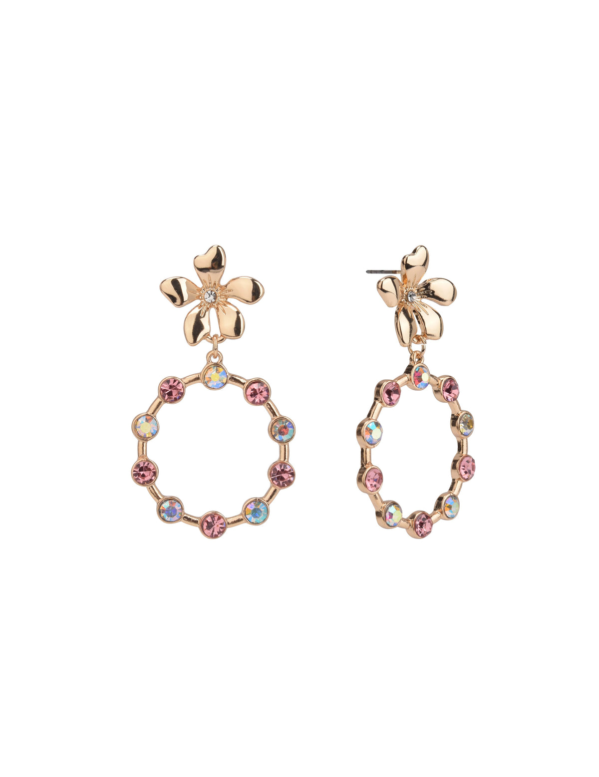 Flower Post and Stone Ring Drop Earrings